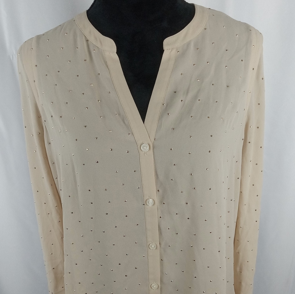 DKNYC Button Down Long Sleeve Blouse with Gold Beads Sz M
